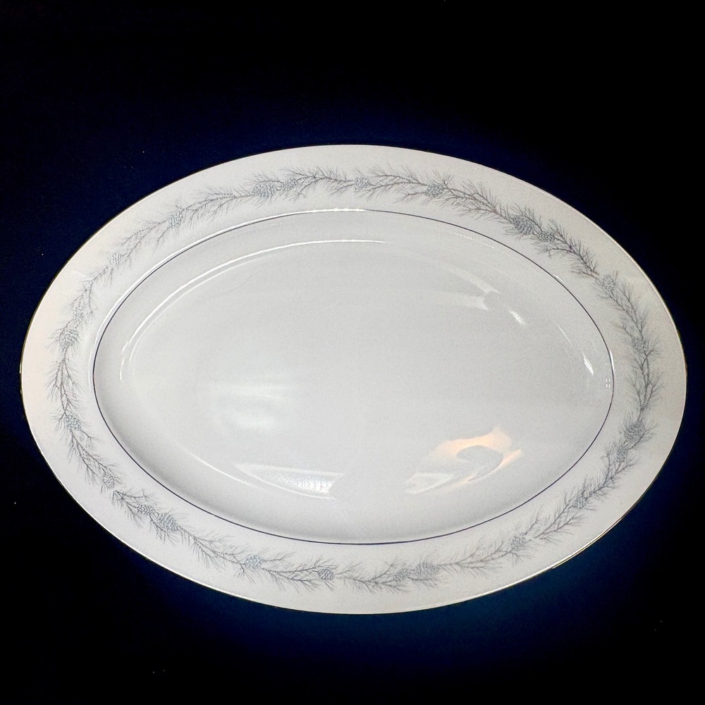 Style House Duchess 14" Oval Serving Platter Fine China Gray Pine Silver Rim